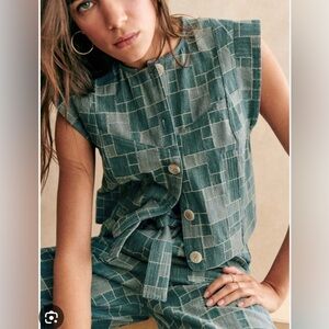 Sezane Teal Patchwork Sleeveless Button Vest